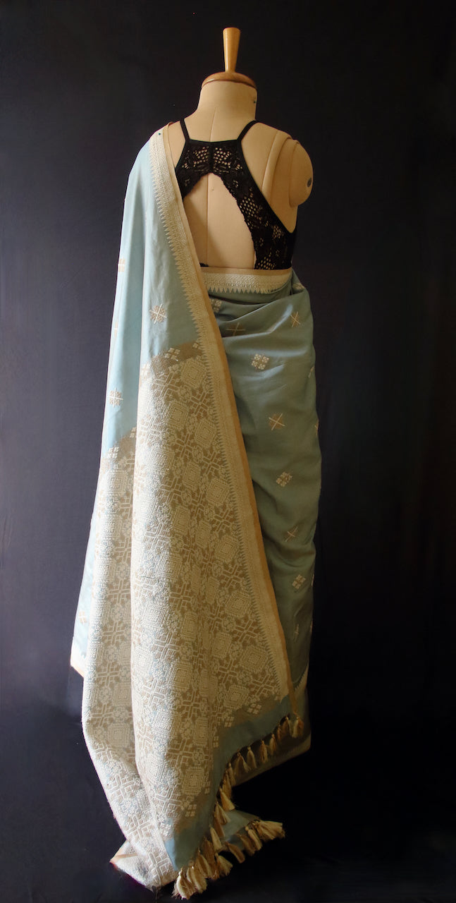 Two tone Pista Green Handloom Silk Saree from Assam , India