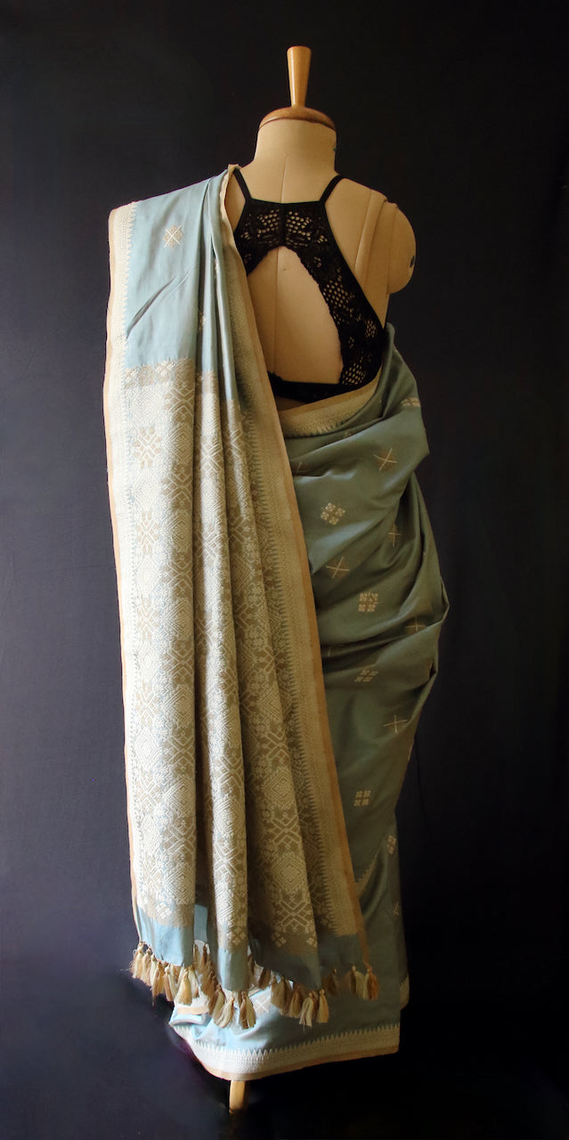 Two tone Pista Green Handloom Silk Saree from Assam , India