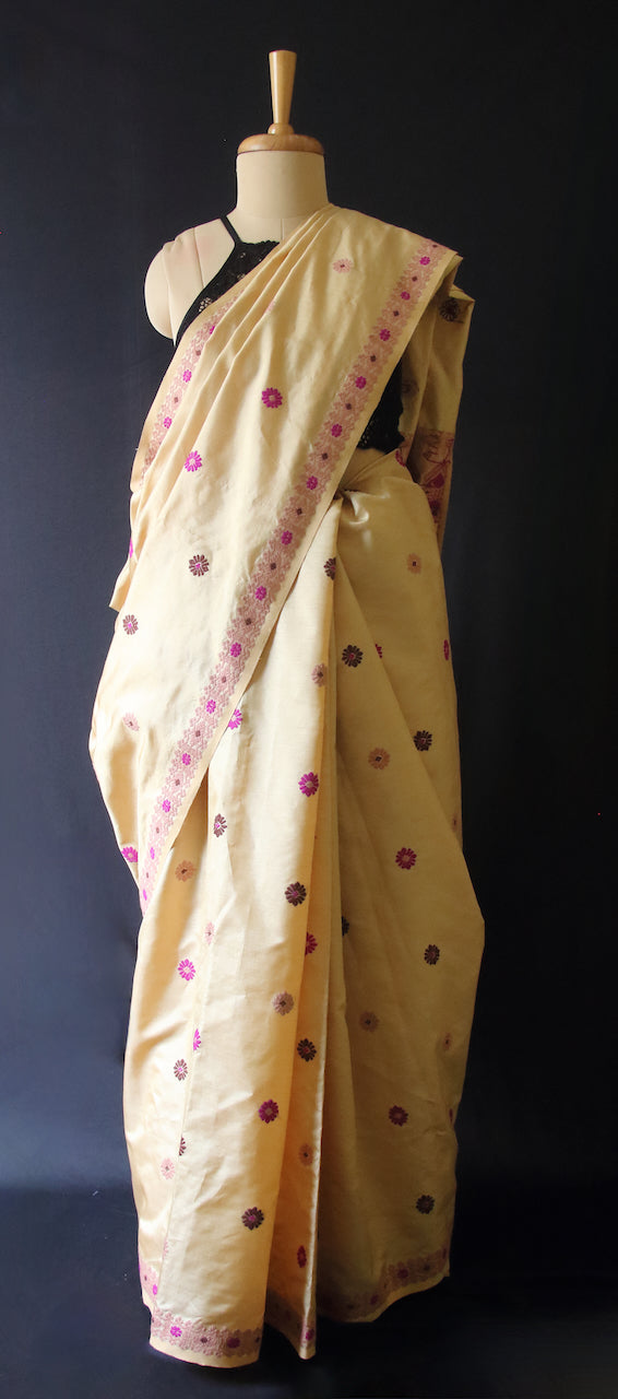 Light Golden Handloom Silk Saree from Assam