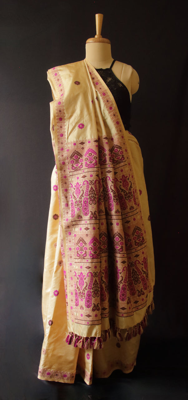 Light Golden Handloom Silk Saree from Assam