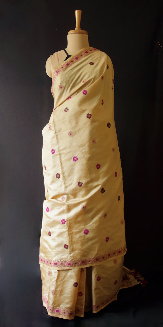 Light Golden Handloom Silk Saree from Assam