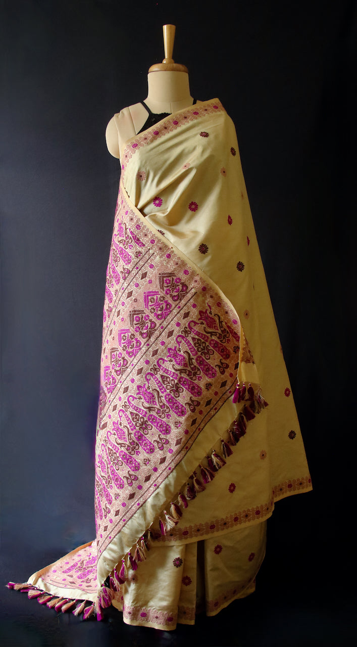 Light Golden Handloom Silk Saree from Assam