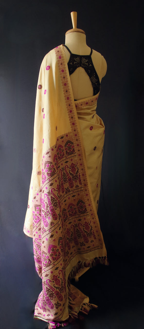 Light Golden Handloom Silk Saree from Assam