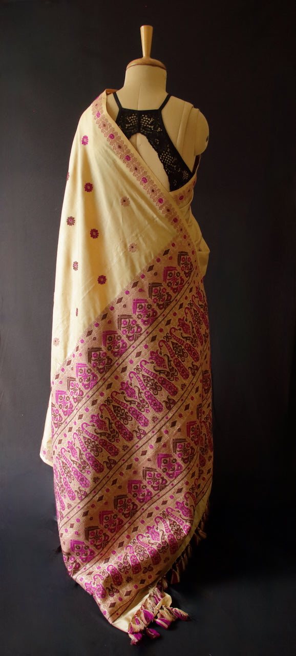 Light Golden Handloom Silk Saree from Assam