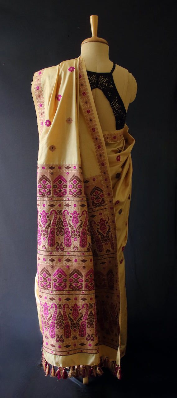 Light Golden Handloom Silk Saree from Assam