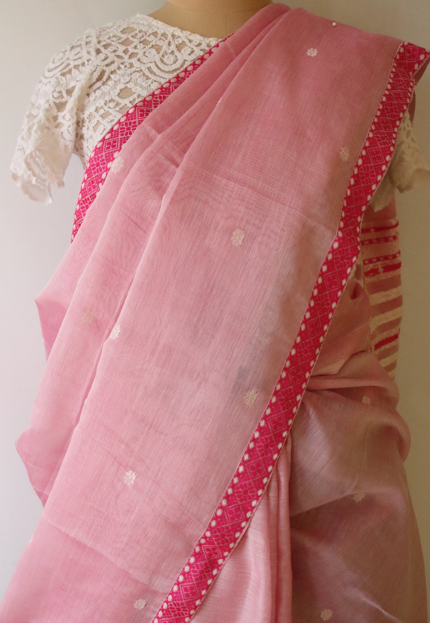 Soft Pink Handloom Cotton Silk Saree from Assam