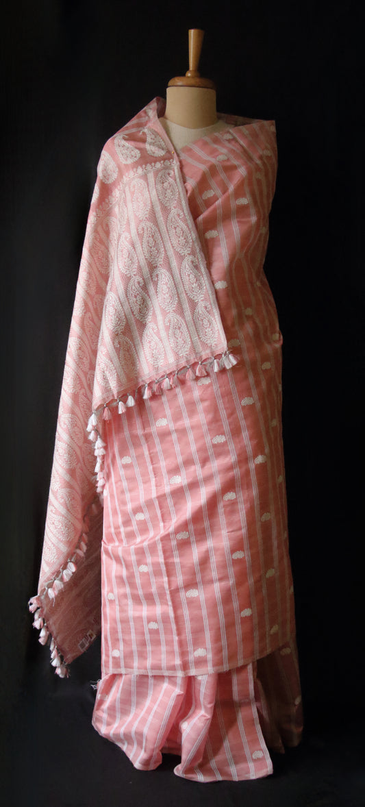 Peach Handloom Silk Saree with chequered effect from Assam