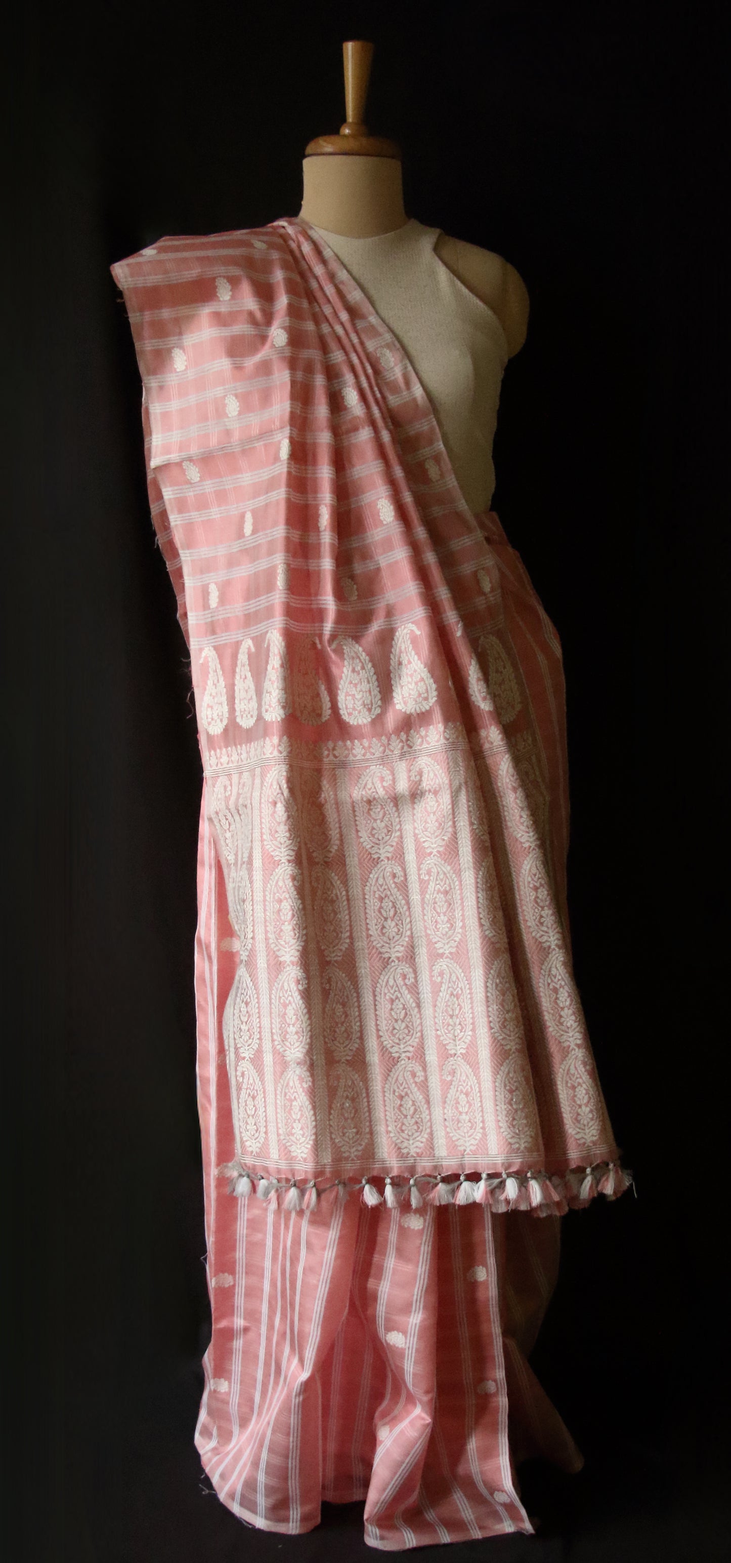 Peach Handloom Silk Saree with chequered effect from Assam