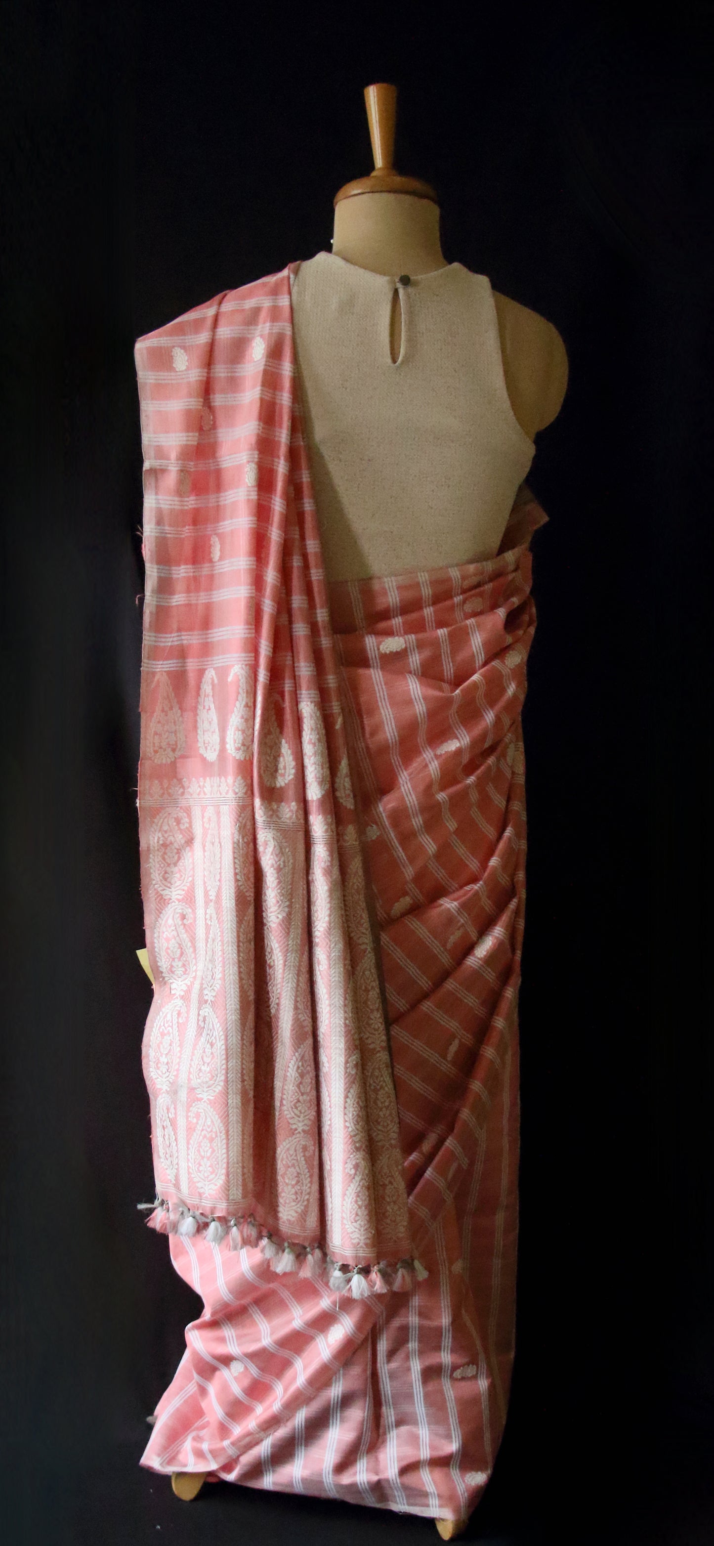 Peach Handloom Silk Saree with chequered effect from Assam