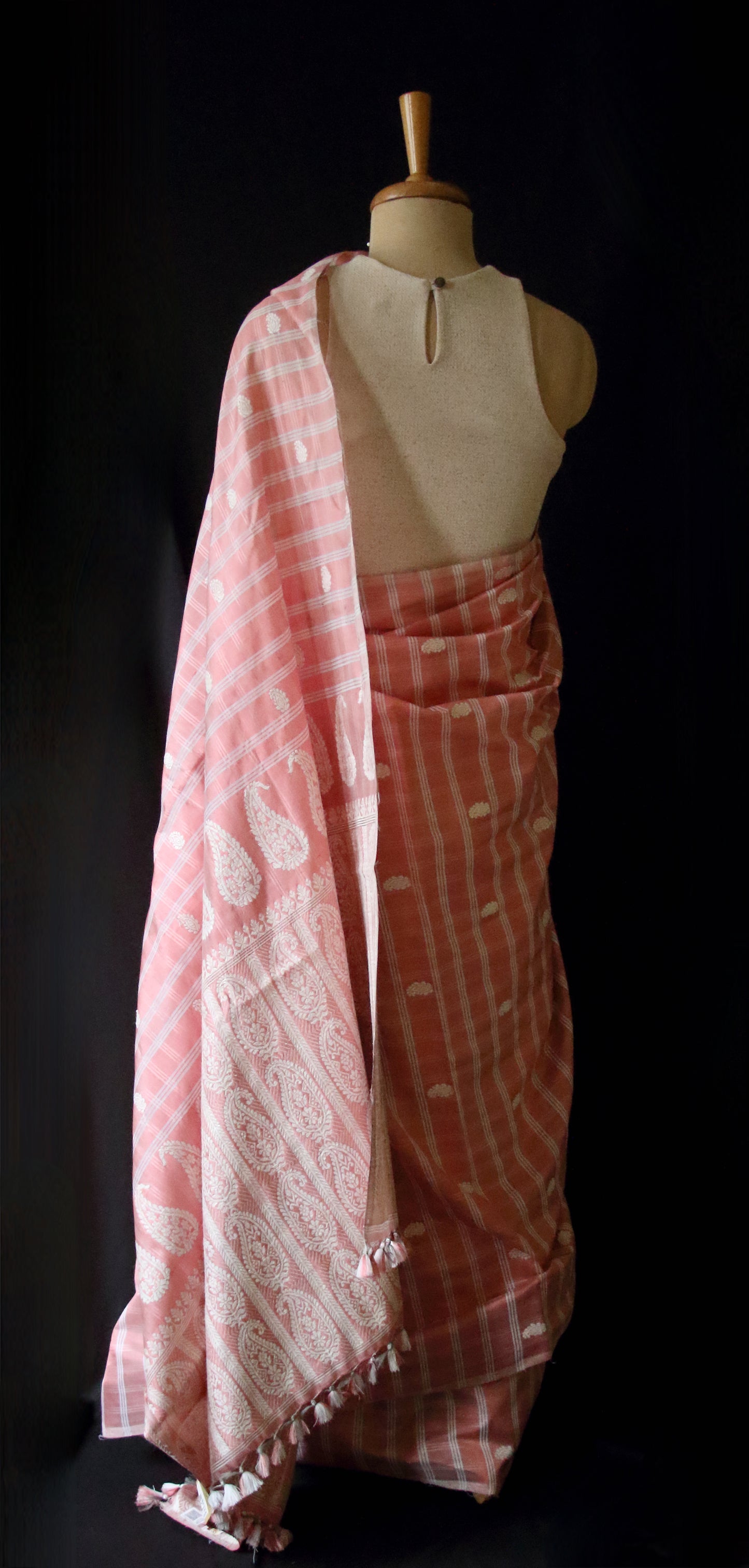 Peach Handloom Silk Saree with chequered effect from Assam