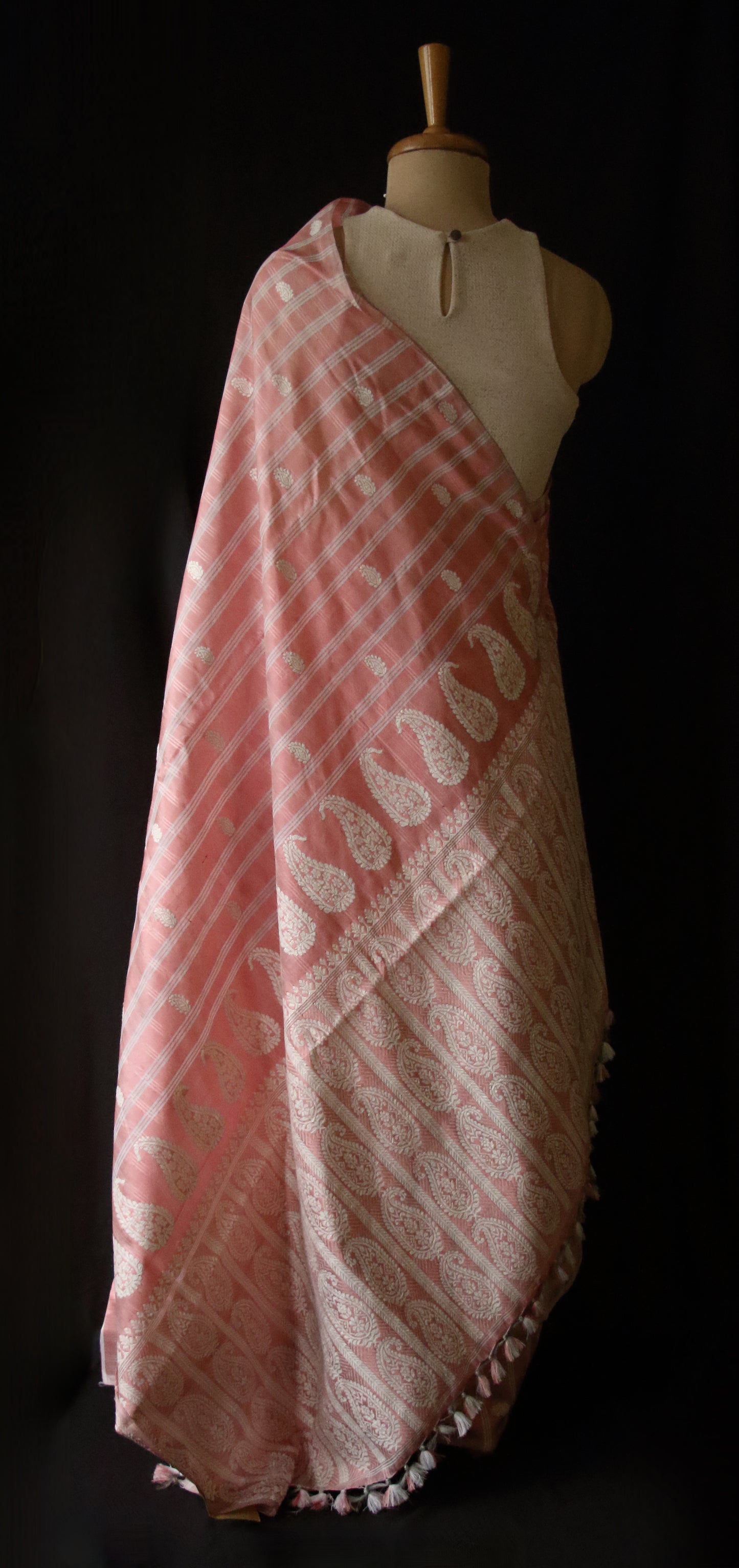 Peach Handloom Silk Saree with chequered effect from Assam