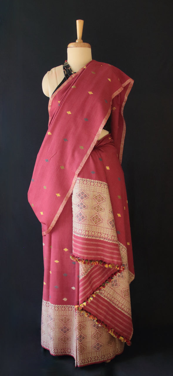 Maroon Narural Dyed Eri Silk Traditional Mekhela Chador Set from Assam