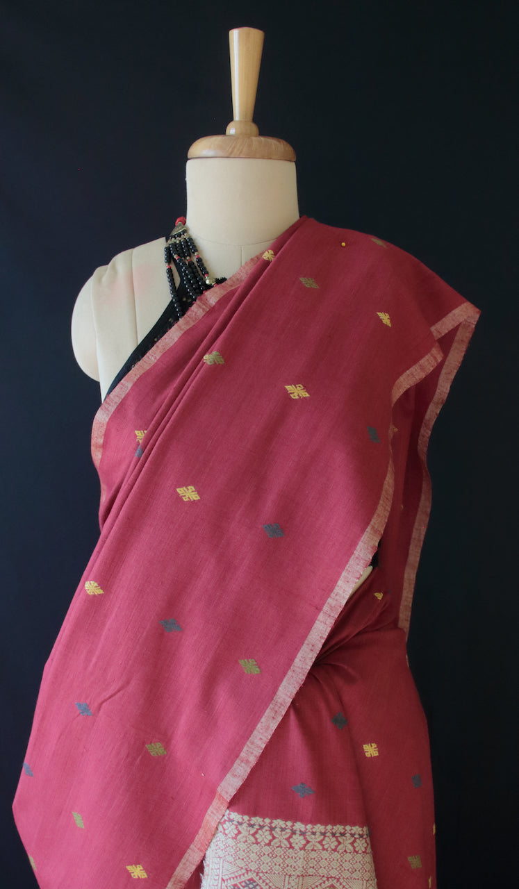 Maroon Narural Dyed Eri Silk Traditional Mekhela Chador Set from Assam