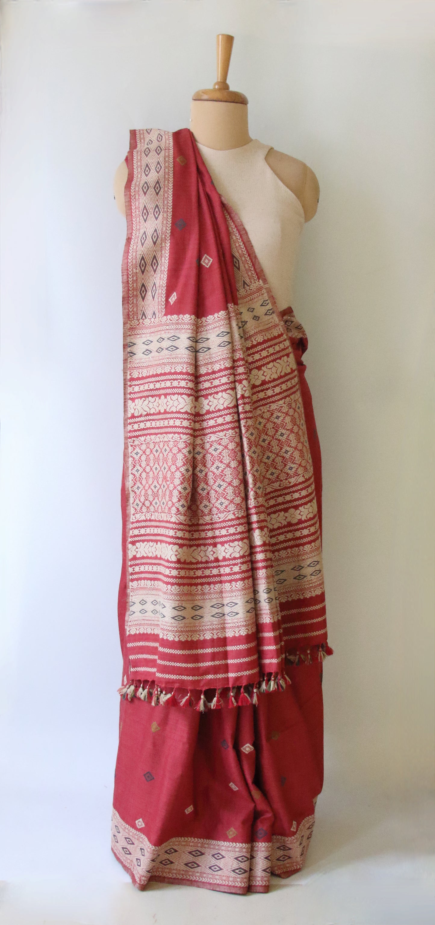Natural Dyed Maroon Handloom Eri Silk  Sari from Assam