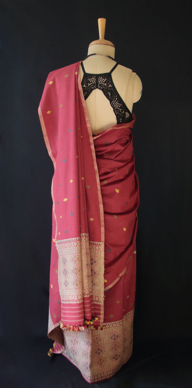 Maroon Narural Dyed Eri Silk Traditional Mekhela Chador Set from Assam