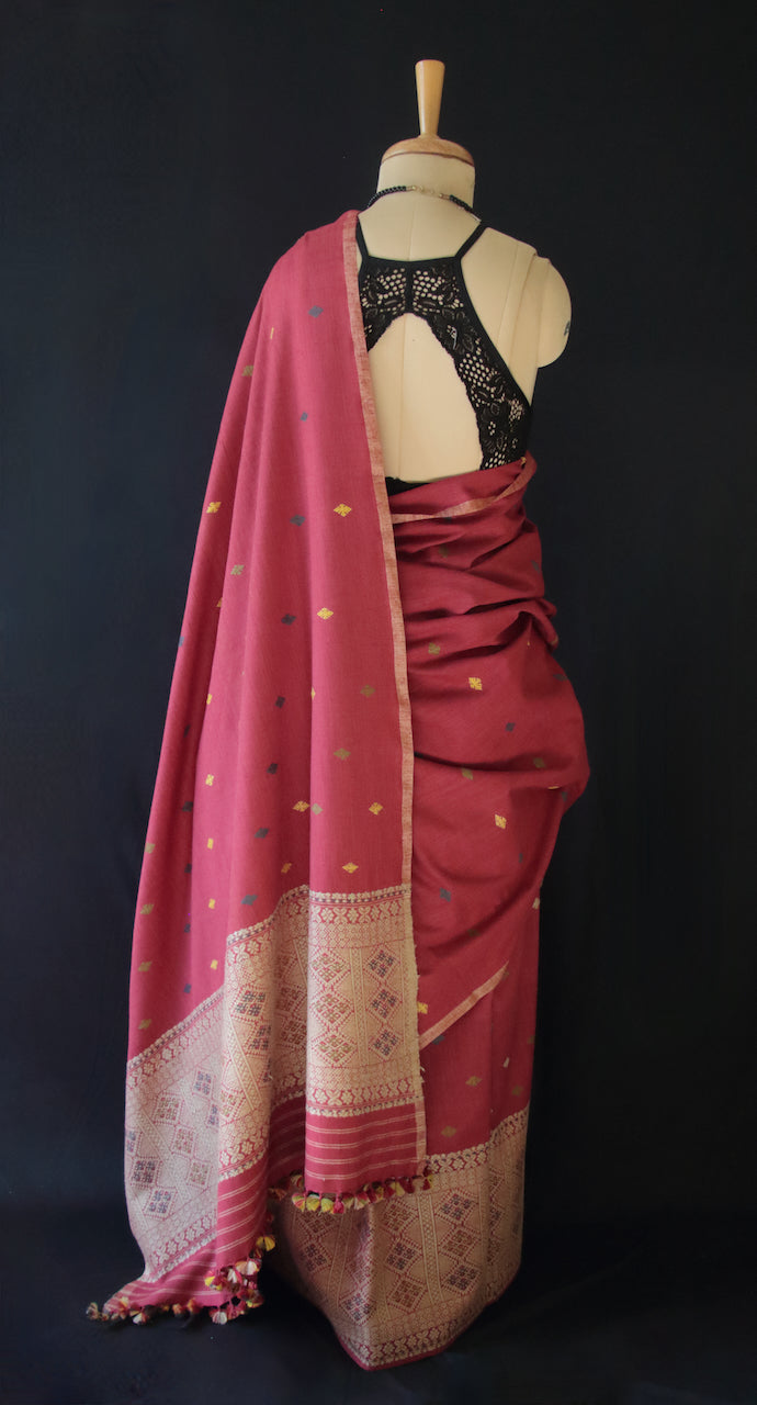 Maroon Narural Dyed Eri Silk Traditional Mekhela Chador Set from Assam