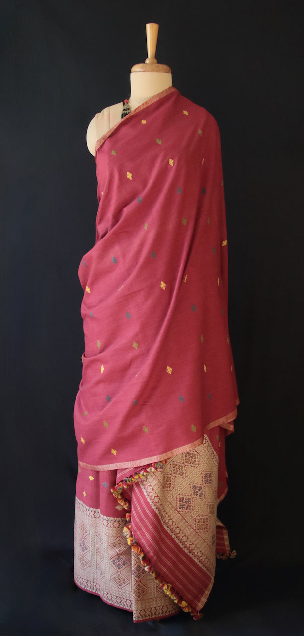 Maroon Narural Dyed Eri Silk Traditional Mekhela Chador Set from Assam