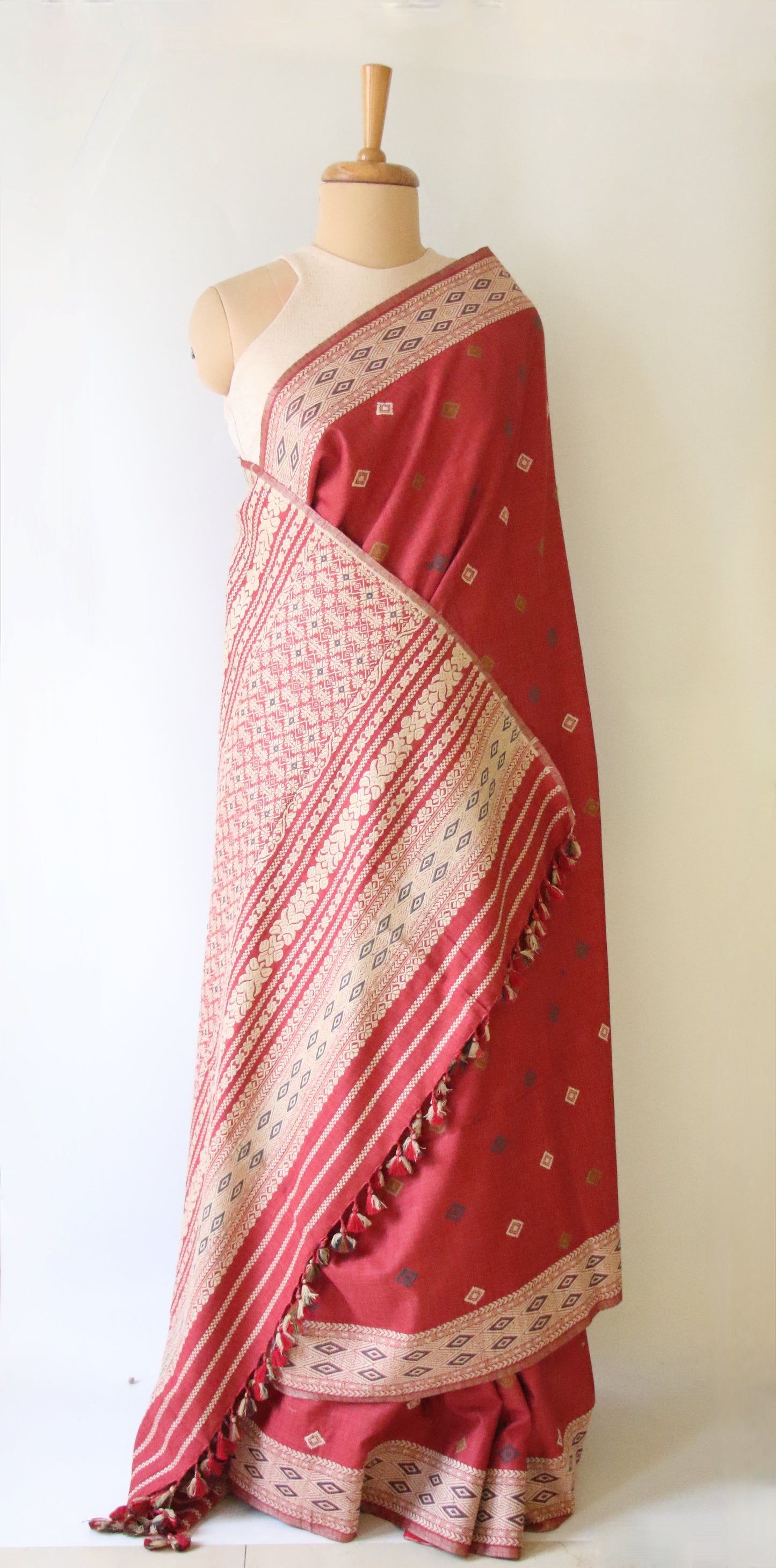 Natural Dyed Maroon Handloom Eri Silk  Sari from Assam