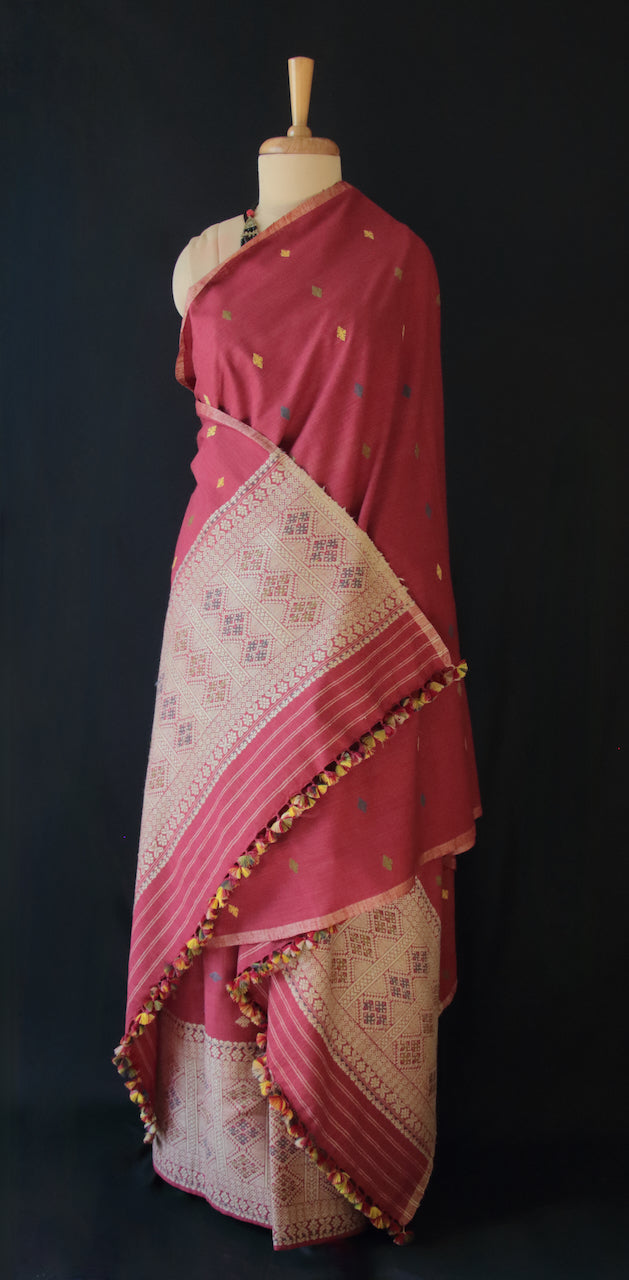 Maroon Narural Dyed Eri Silk Traditional Mekhela Chador Set from Assam