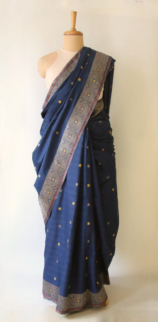 Natural Dyed Indigo Handloom Eri Silk  Sari from Assam