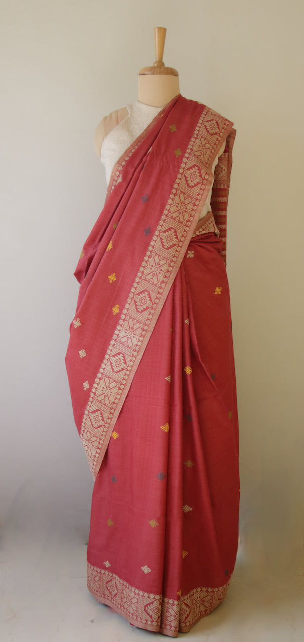 Maroon Natural Dyed Handloom Eri Silk Saree from Assam , India