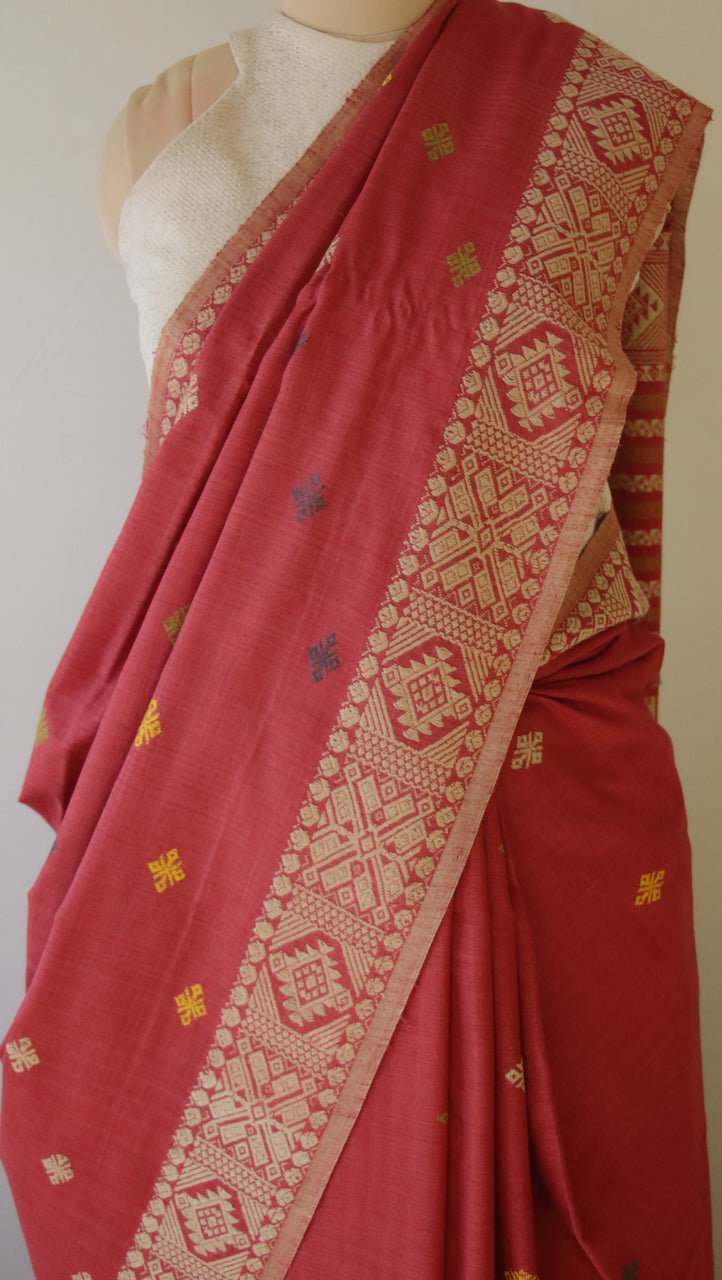 Maroon Natural Dyed Handloom Eri Silk Saree from Assam , India