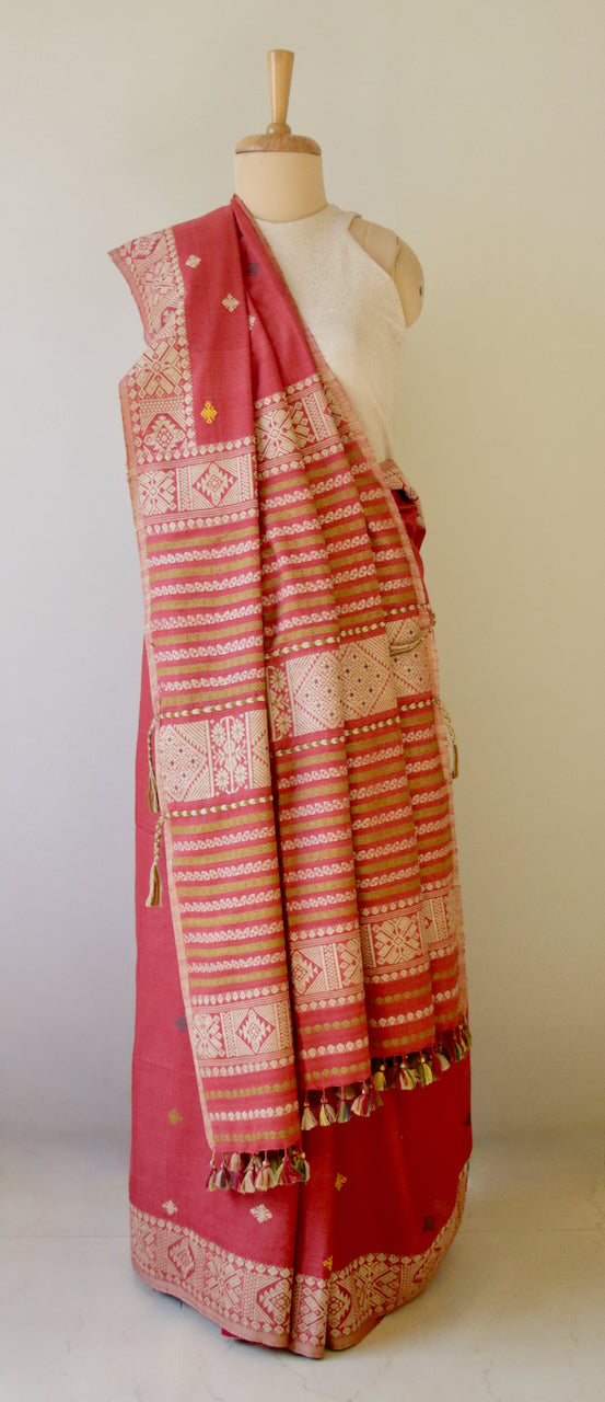 Maroon Natural Dyed Handloom Eri Silk Saree from Assam , India