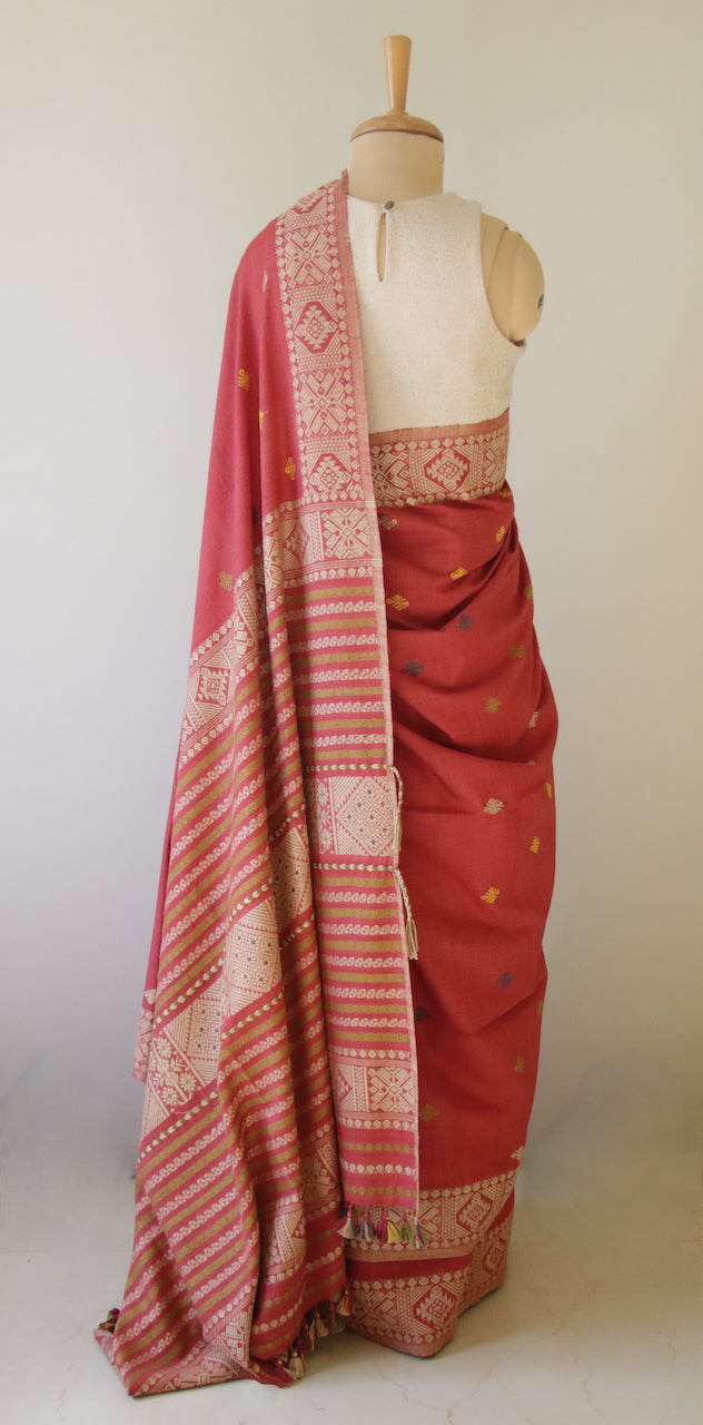 Maroon Natural Dyed Handloom Eri Silk Saree from Assam , India