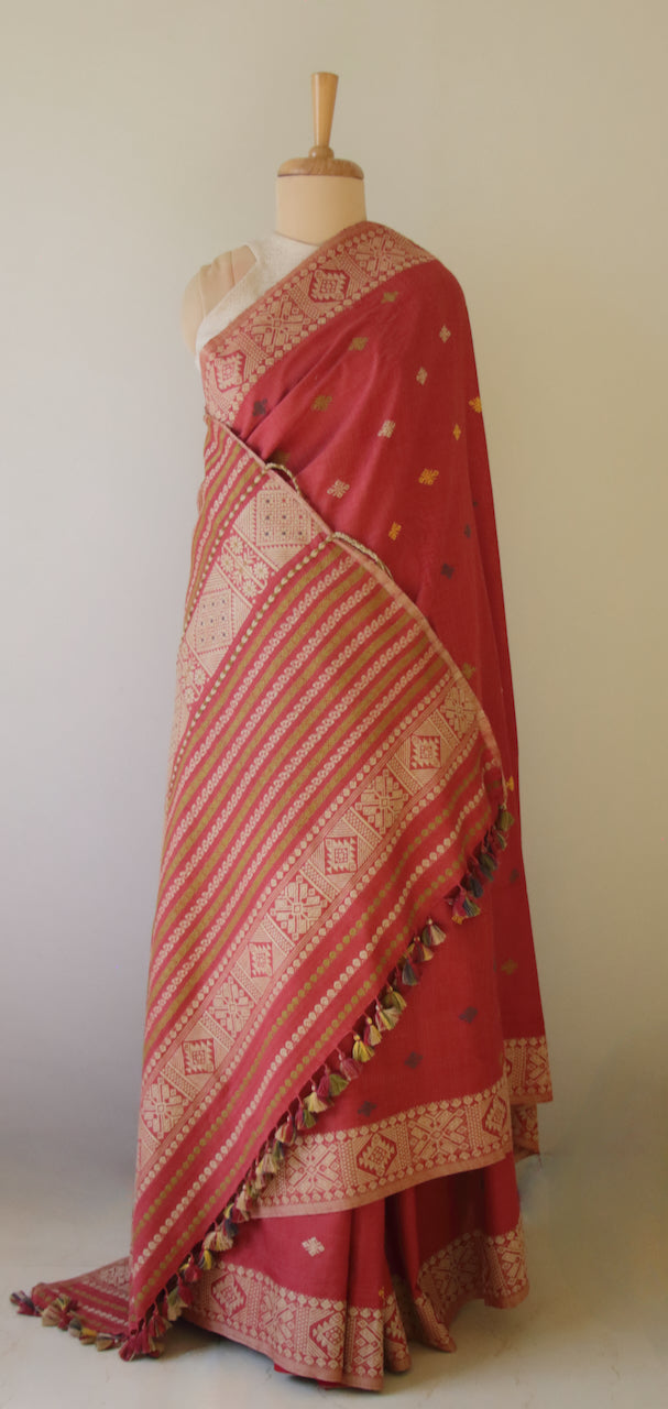 Maroon Natural Dyed Handloom Eri Silk Saree from Assam , India