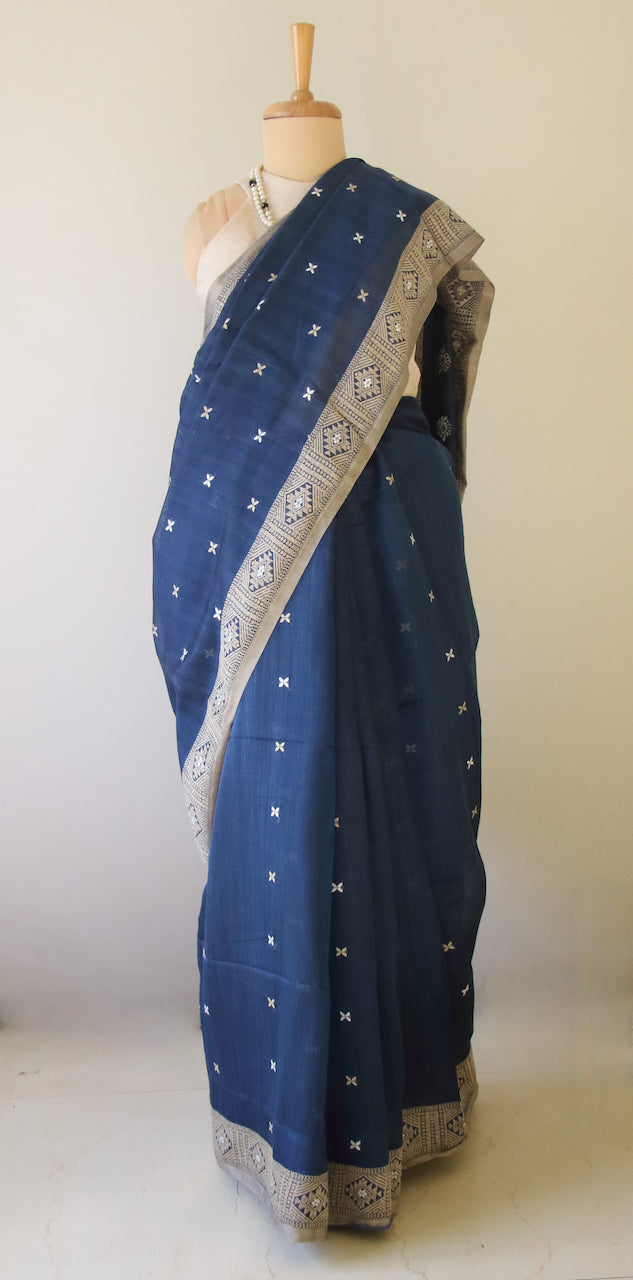 Indigo Natural Dyed  Handloom Silk Organza Saree from Assam