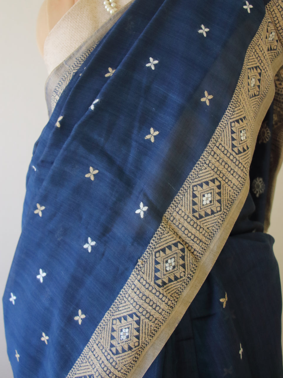 Indigo Natural Dyed  Handloom Silk Organza Saree from Assam