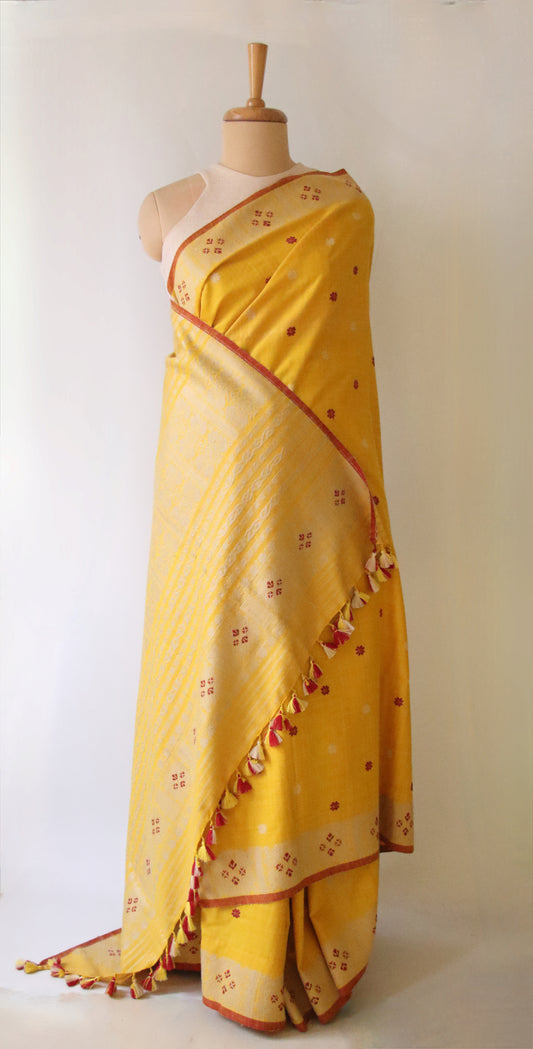 Natural Dyed Yellow Handloom Eri Silk  Sari from Assam