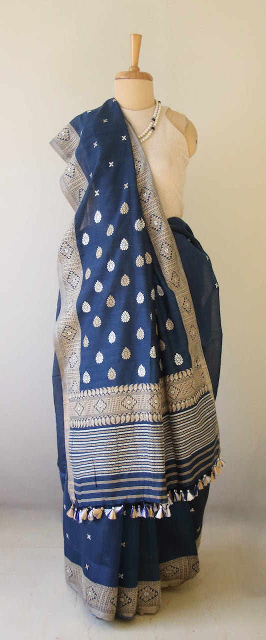 Indigo Natural Dyed  Handloom Silk Organza Saree from Assam