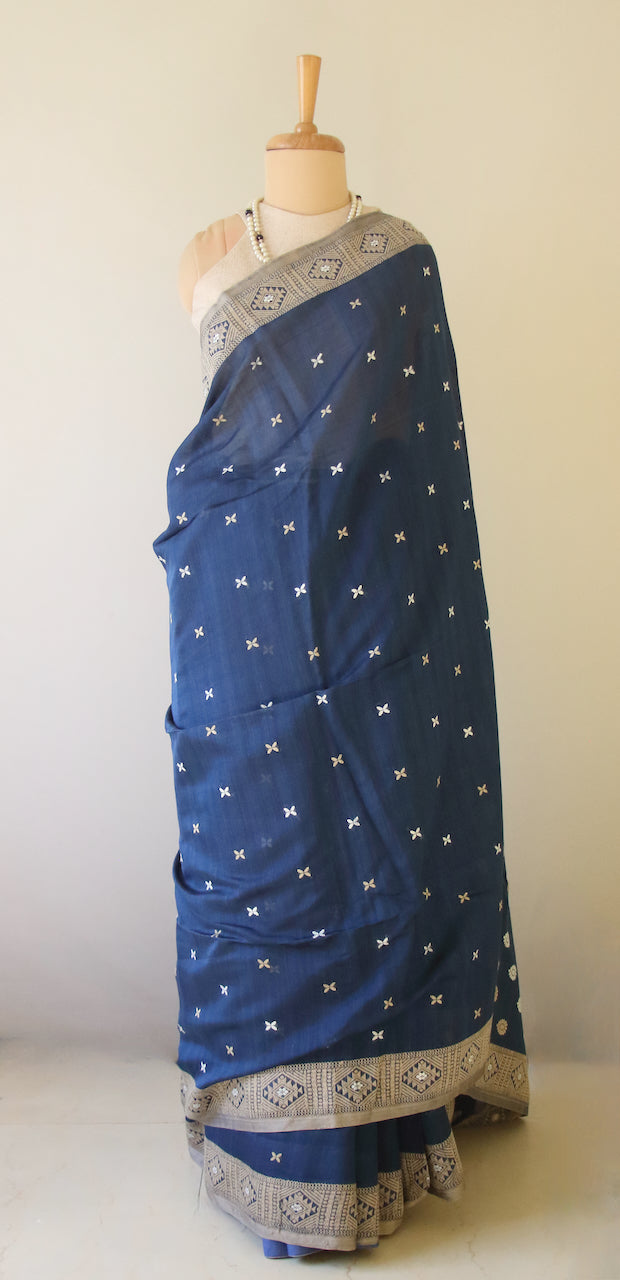 Indigo Natural Dyed  Handloom Silk Organza Saree from Assam