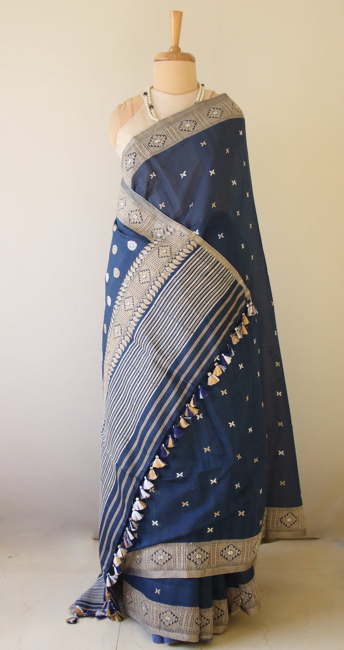 Indigo Natural Dyed  Handloom Silk Organza Saree from Assam