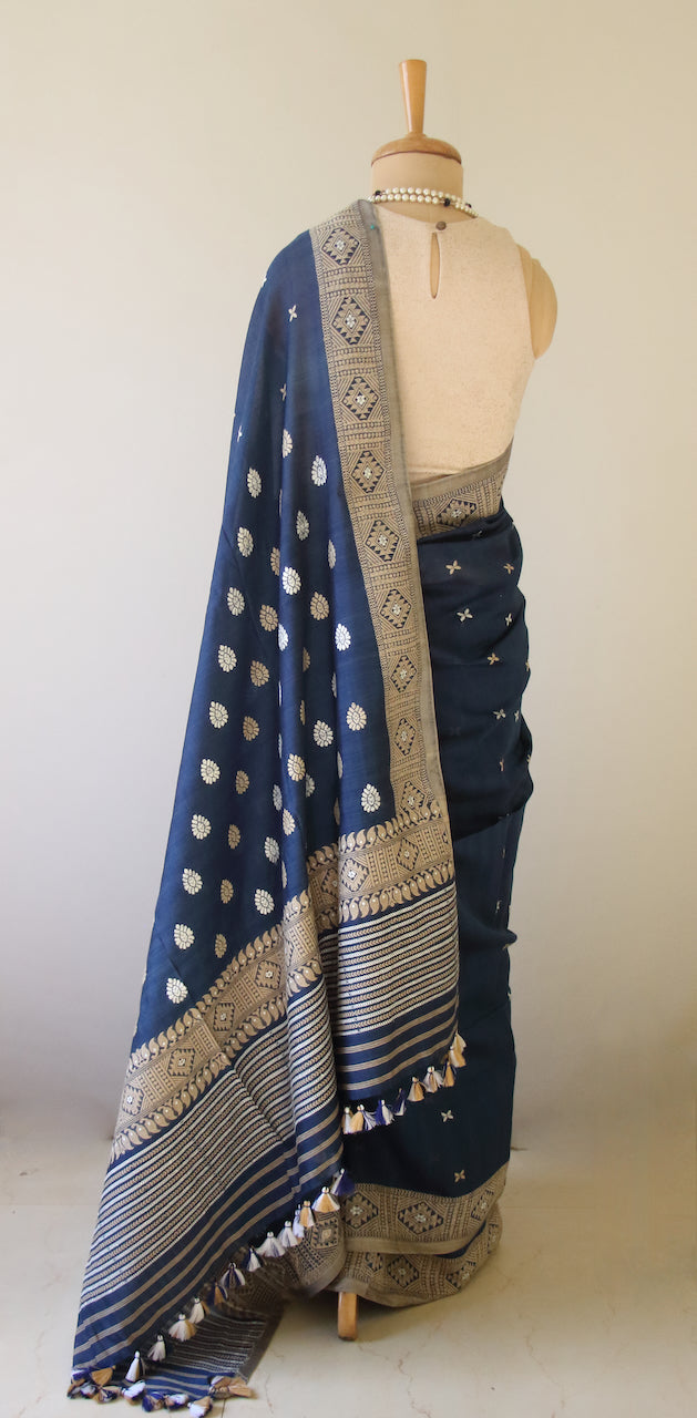 Indigo Natural Dyed  Handloom Silk Organza Saree from Assam