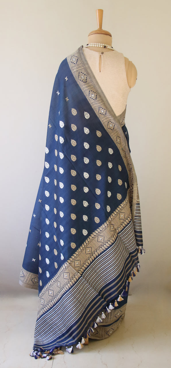 Indigo Natural Dyed  Handloom Silk Organza Saree from Assam