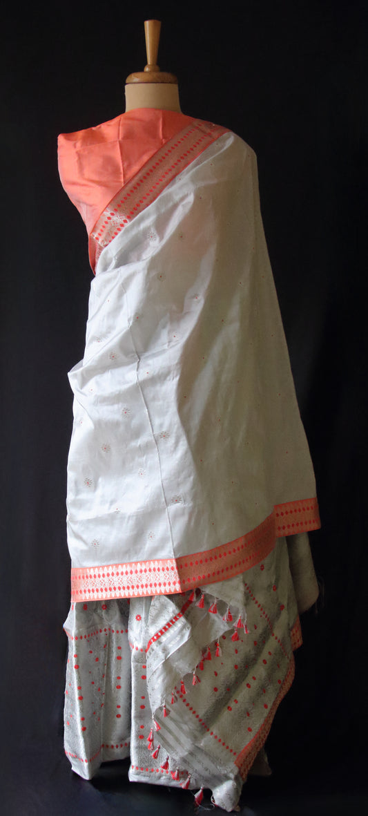 Soft Grey Handloom Mulberry Silk Mekhla Chador Set from Assam