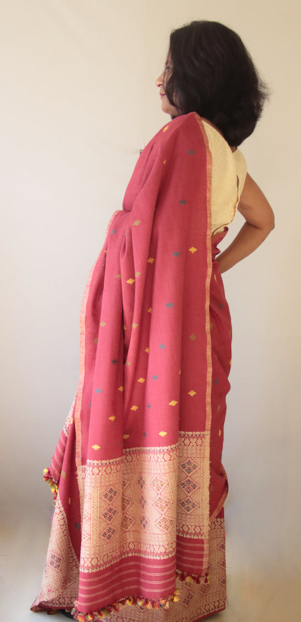 Maroon Narural Dyed Eri Silk Traditional Mekhela Chador Set from Assam