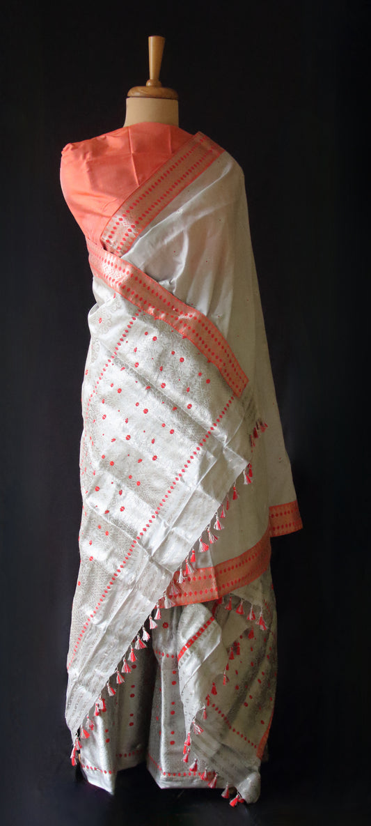 Soft Grey Handloom Mulberry Silk Mekhla Chador Set from Assam