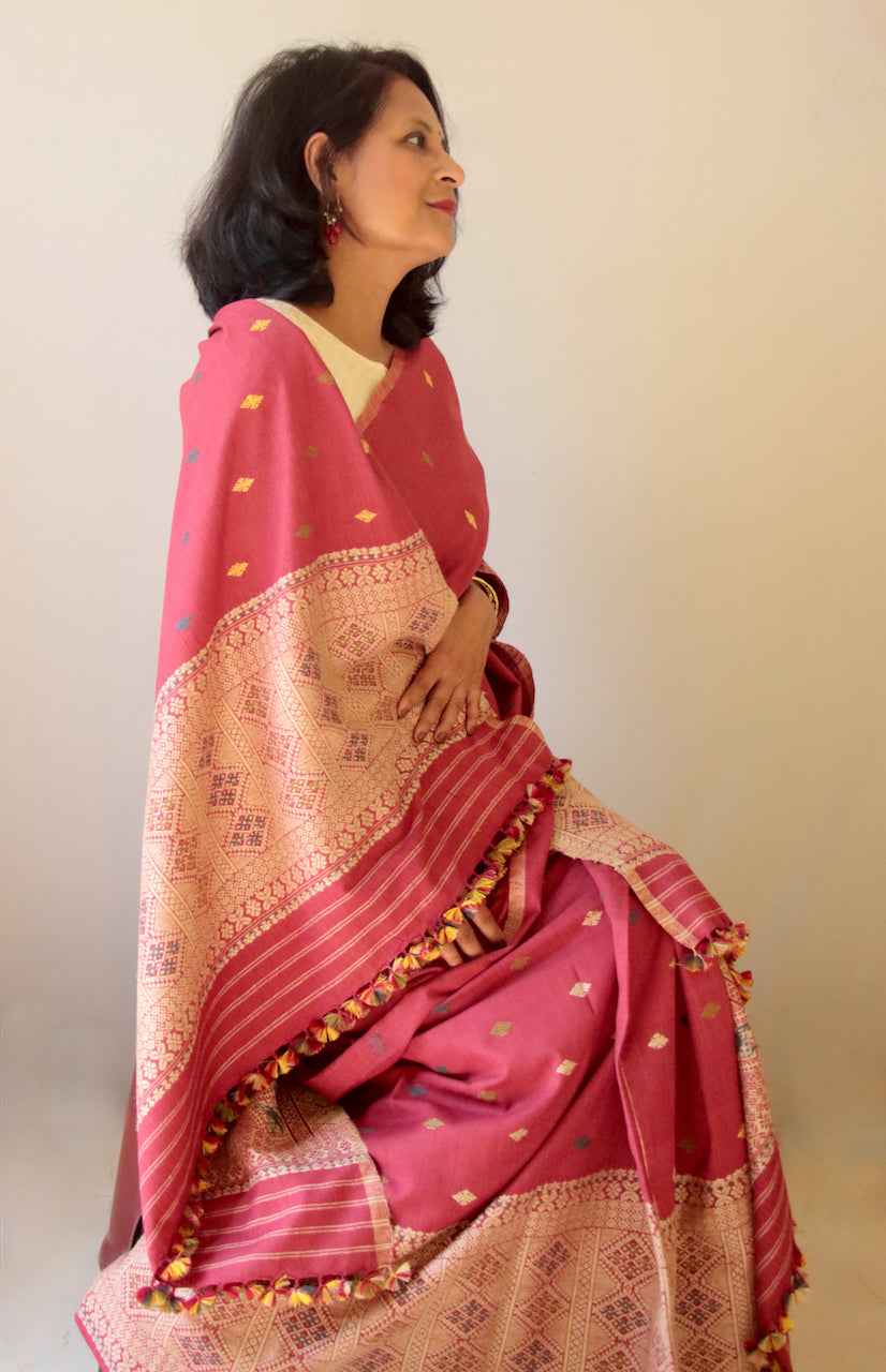 Maroon Narural Dyed Eri Silk Traditional Mekhela Chador Set from Assam