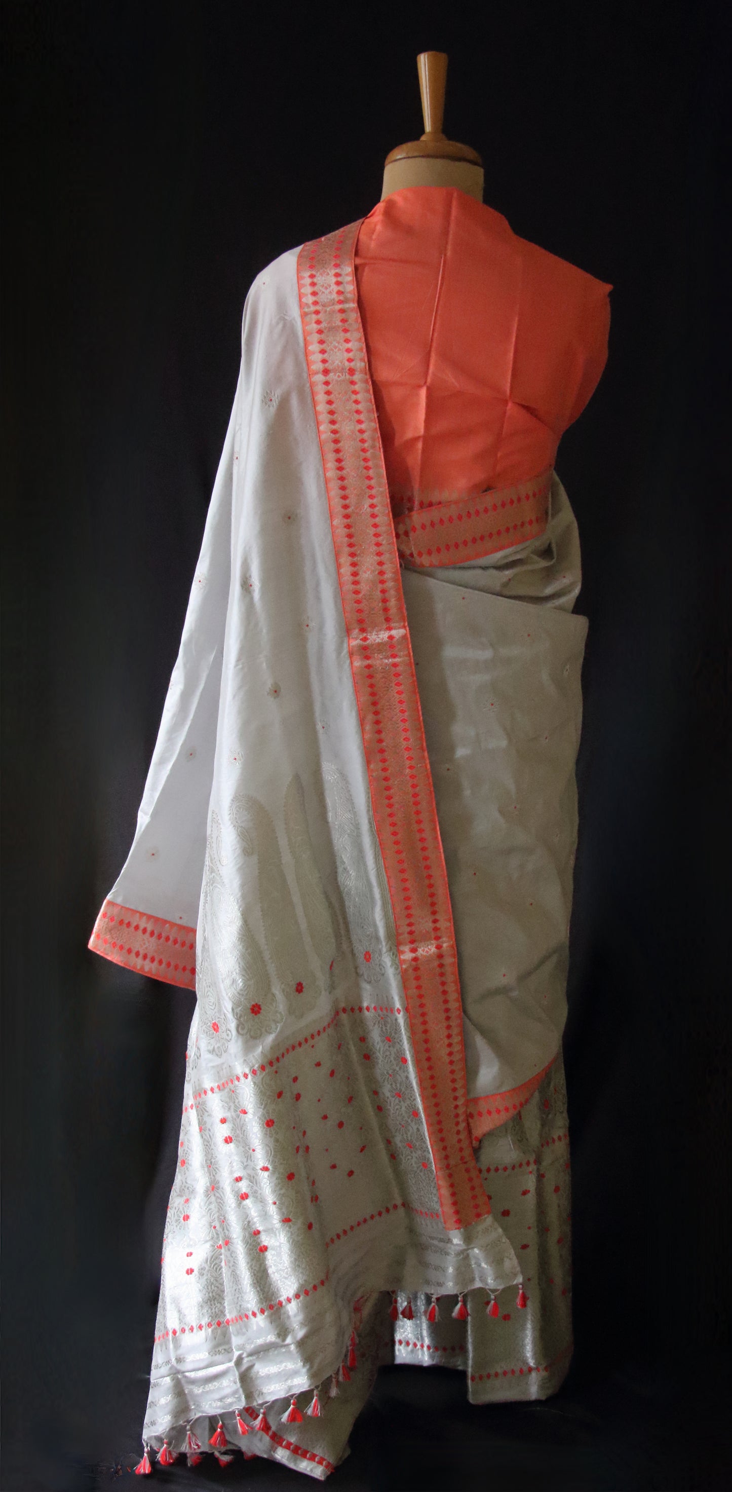 Soft Grey Handloom Mulberry Silk Mekhla Chador Set from Assam