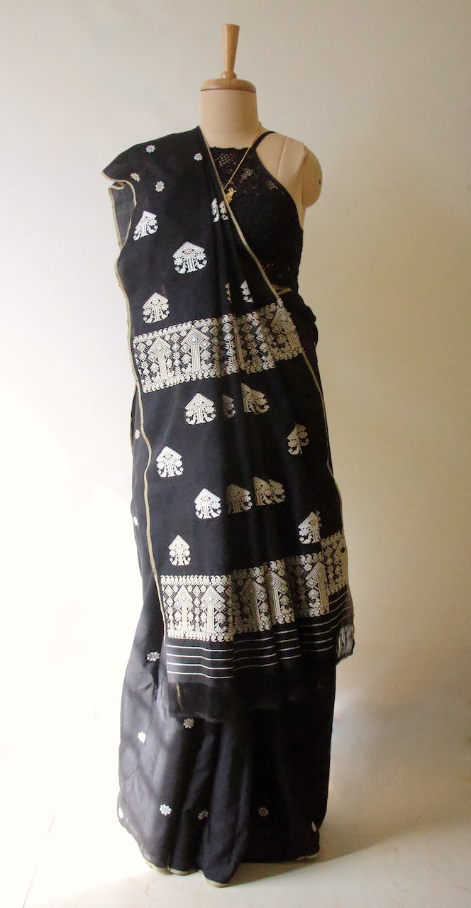 Black Handloom Silk Saree from Assam