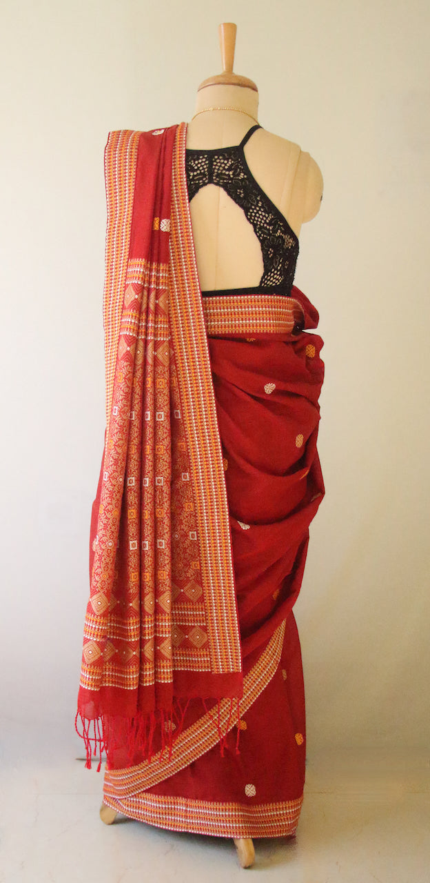 Tomato Red Handloom Cotton Saree from Assam