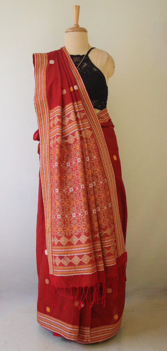 Tomato Red Handloom Cotton Saree from Assam