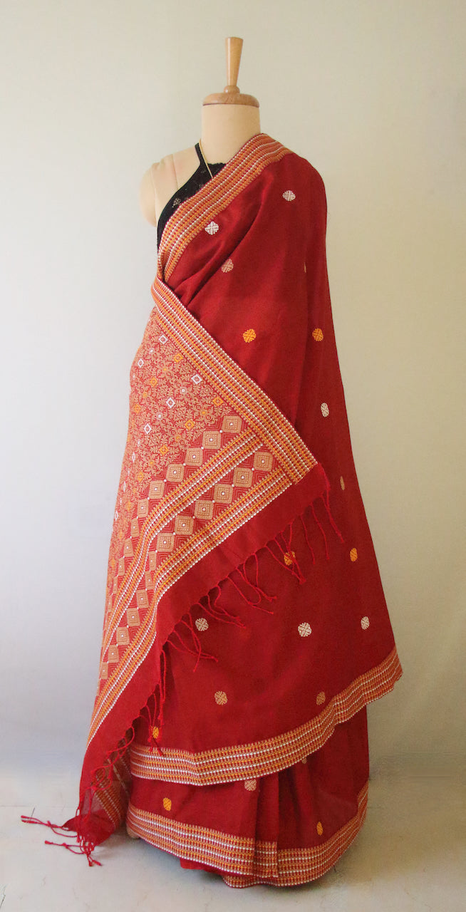 Tomato Red Handloom Cotton Saree from Assam