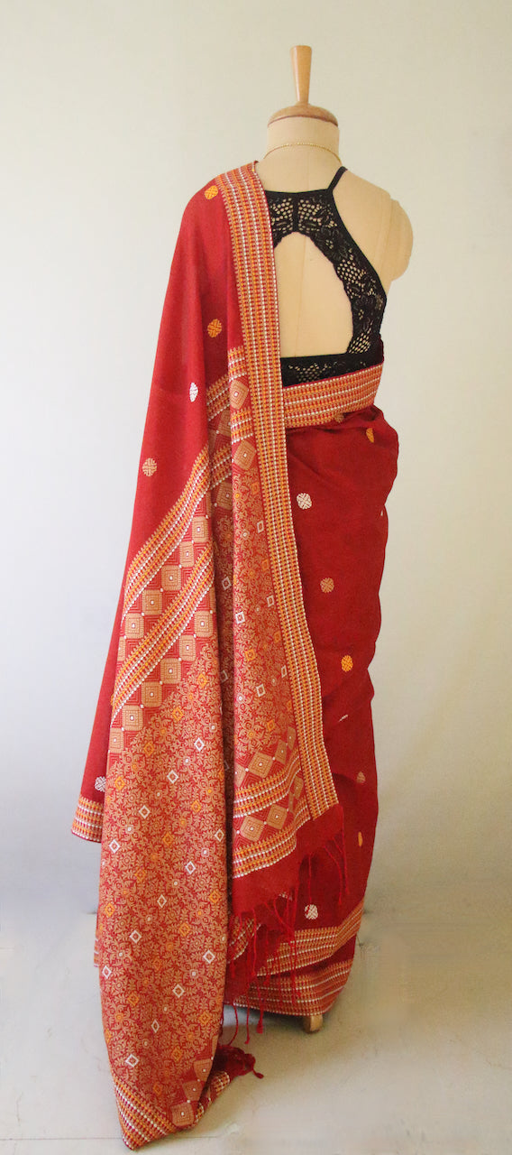 Tomato Red Handloom Cotton Saree from Assam