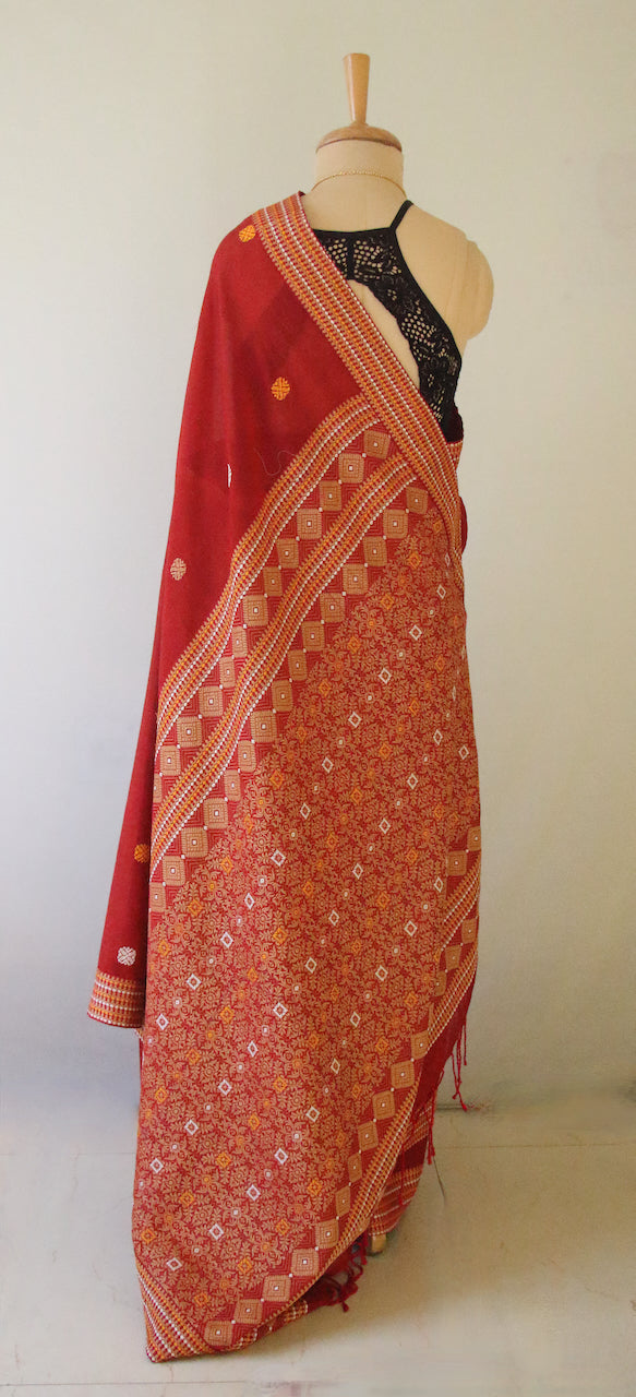 Tomato Red Handloom Cotton Saree from Assam