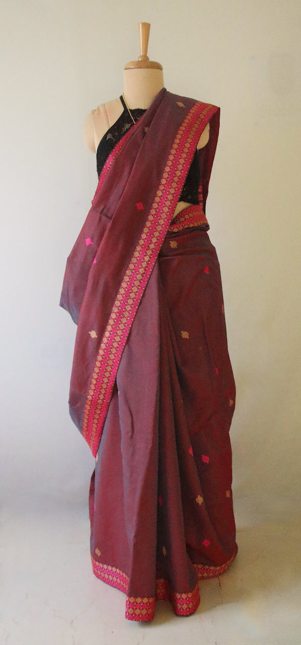 Two Tone Plum Colour Handloom Cotton Saree from Assam