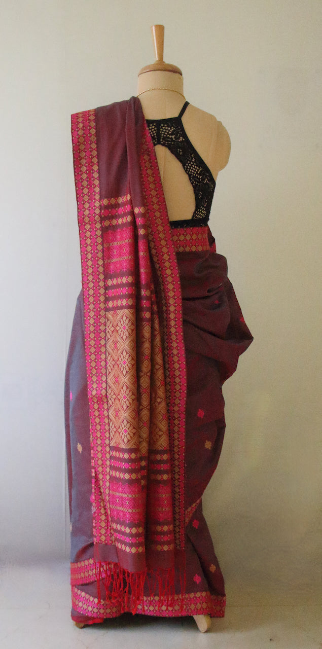 Two Tone Plum Colour Handloom Cotton Saree from Assam